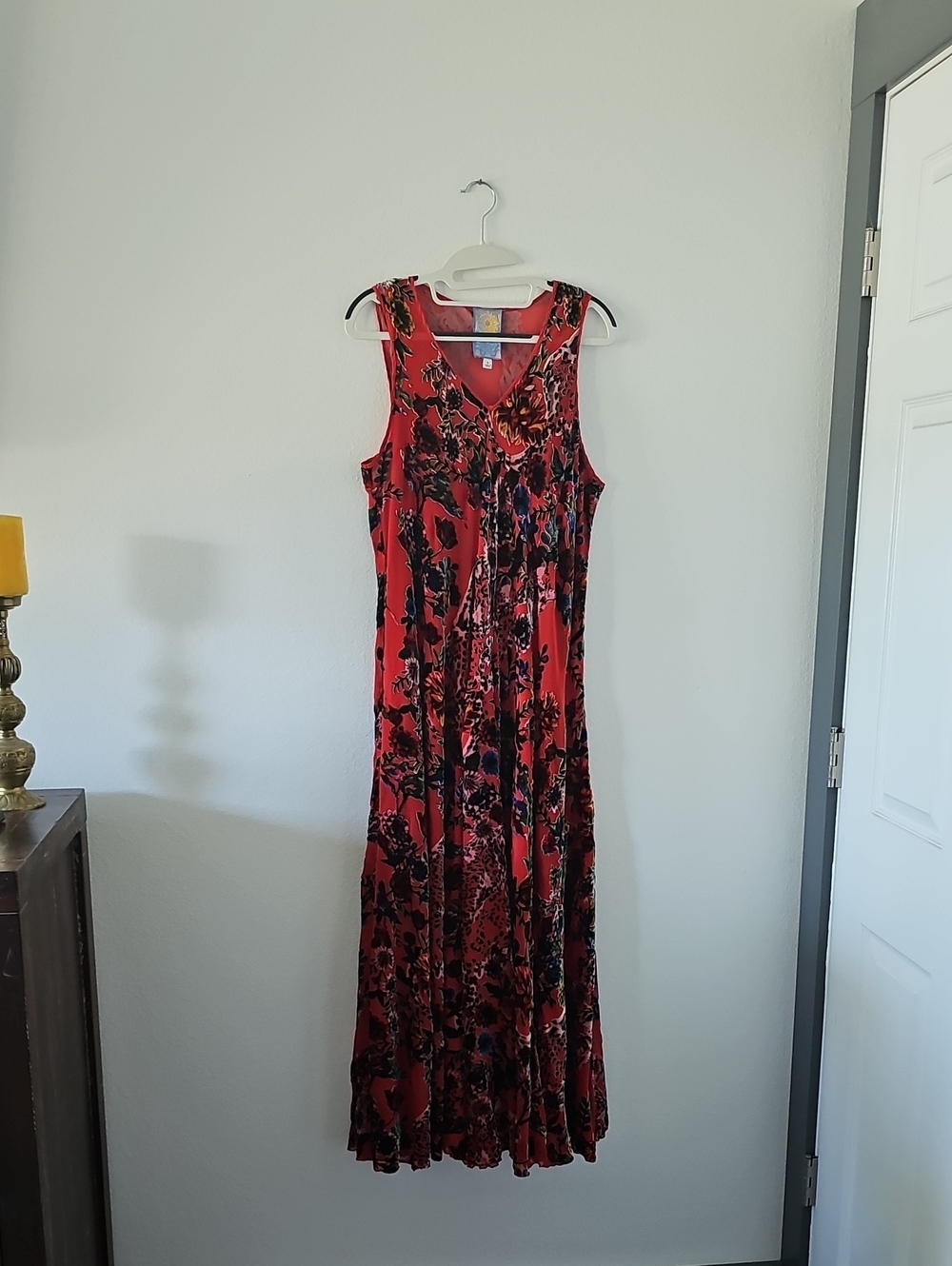 Johnny Was Red Floral V-Neck Maxi Dress with Black & Purple Accents